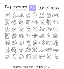 Loneliness linear icons set. Social relationships, community. Psychology, personality. Mental therapy. Customizable thin line symbols. Isolated vector outline illustrations. Editable stroke