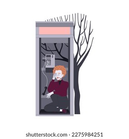 Loneliness with Lonely Man Character Sitting in Phonebooth Feeling Depression and Sadness Vector Illustration