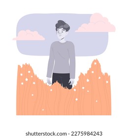 Loneliness with Lonely Man Character Standing in High Grass Feeling Depression and Sadness Vector Illustration