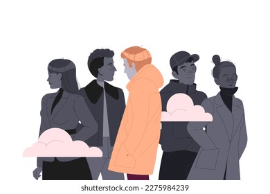 Loneliness with Lonely Man Character Walking in the Crowd Feeling Depression and Sadness Vector Illustration