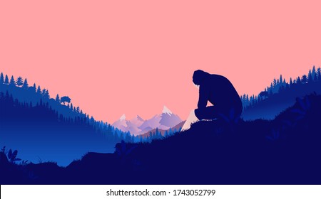 Loneliness - Man in hood sitting alone with hands in face outside in nature, feeling hopeless, sad and depressed.  Heartbreak, mental problem and grief concept. Vector illustration.