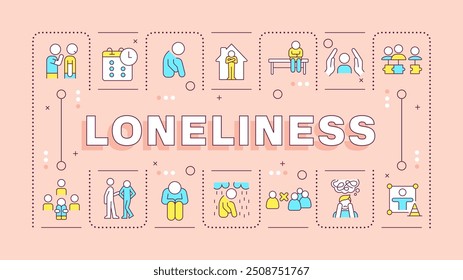 Loneliness pastel pink word concept. Mental wellbeing, relationships difficulties. Typography banner. Vector illustration with title text, editable icons color