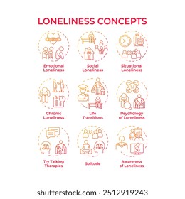 Loneliness red gradient concept icons. Psychology science, mental health. Socializing, relationships. Icon pack. Vector images. Round shape illustrations for infographic, presentation. Abstract idea