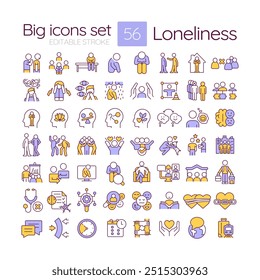 Loneliness RGB color icons set. Psychological distress. Mental health, relationships. Emotional support. Isolated vector illustrations. Simple filled line drawings collection. Editable stroke