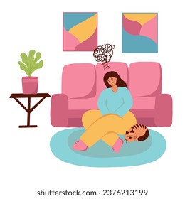 Loneliness. A sad girl sits in a room with bad thoughts in her head. Depression. Flat illustration