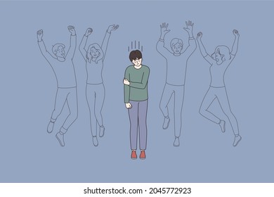 Loneliness in society and crowd concept. Upset young lonely man cartoon character standing alone among human crowd feeling alone lost vector illustration 