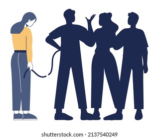 Loneliness or solitude concept. Unhappy person being alone among people. Character in bad mood suffer from isolation. Flat vector illustration