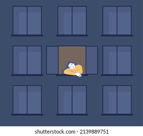 Loneliness or solitude concept. Unhappy person being alone among people. Character in bad mood suffer from isolation. Flat vector illustration
