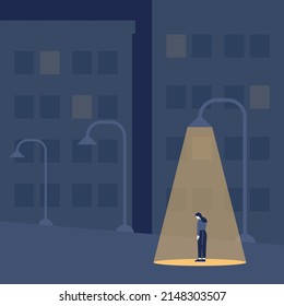 Loneliness or solitude concept. Unhappy person being alone. Character in bad mood suffer from isolation. Flat vector illustration