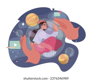 Loneliness. Unhappy person, astronaut left alone in space. Character suffering from solitude. Modern communication problem and self-isolation. Flat vector illustration