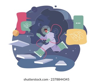 Loneliness. Unhappy person, astronaut left alone in space. Character suffering from solitude. Modern communication problem and self-isolation. Flat vector illustration