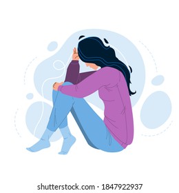 Loneliness Unhappy Woman Sitting On Floor Vector. Loneliness Sad Young Girl Touching Hair. Character Lady Psychological And Mental Troubles, Suffering From Bad Relationship Flat Cartoon Illustration