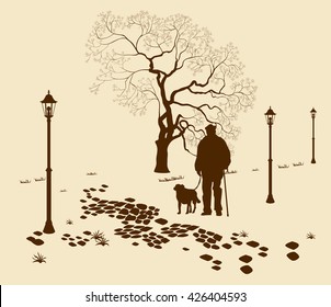 Loneliness, a walk in the park man with a dog