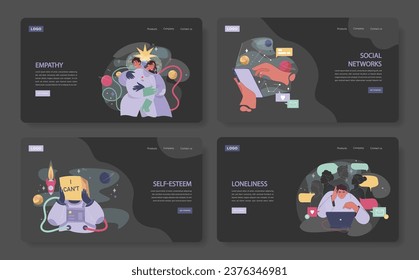 Loneliness web banner or landing page dark or night mode set. Unhappy person, astronaut left alone in space. Character suffering with communication problem and self-isolation. Flat vector illustration