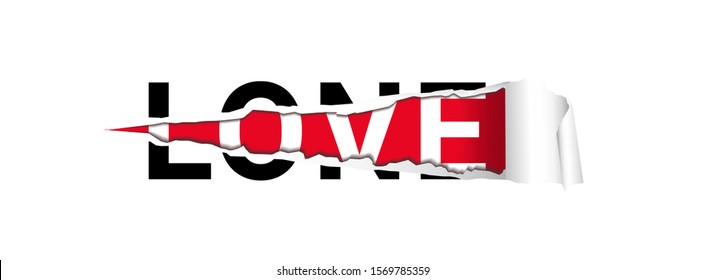 Lone-love wordplay text with torn lone word paper layer, showing love word. Lonely people motivation quote. Self change and self care slogan for print and web. Find love and life partner line.