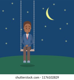 Lonely african american man sitting on a swing in the night looking at stars and the moon. Unrequited love. Flat vector illustration