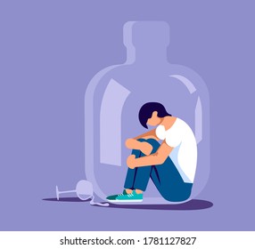 Lonely alcoholic man trapped in a bottle. Alcohol addiction metaphor. Isolated on purple. Flat Art Vector Illustration