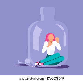 Lonely alcoholic woman trapped in a bottle. Alcohol addiction metaphor. Isolated on purple. Flat Art Vector Illustration