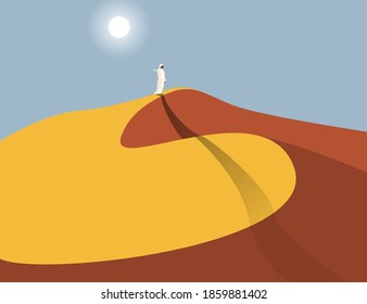 Lonely Arabic man in sand dunes in the Sahara Desert, abstract vector illustration