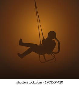 Lonely astronaut. Cosmonaut isolated silhouette. Man on swing