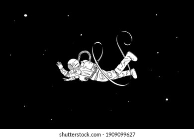 Lonely astronaut. Cosmonaut isolated silhouette. Flying man in space