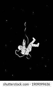 Lonely astronaut. Cosmonaut isolated silhouette. Falling man in space