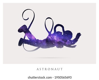 Lonely astronaut. Cosmonaut isolated silhouette. Flying man in space