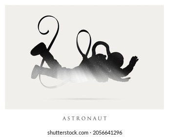 Lonely astronaut. Cosmonaut isolated silhouette. Flying man in space