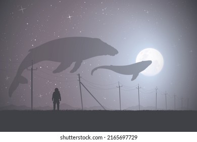 Lonely astronaut. Flying whale in moonlight. Fantastic animal. Sci Fi