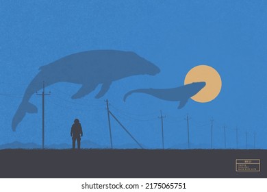 Lonely astronaut. Flying whale in sky. Fantastic animal. Sci Fi