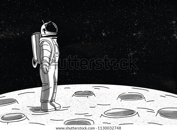 Lonely astronaut in spacesuit standing on\
surface of Moon and looking at space full of stars. Cosmonaut\
exploring planet or celestial object during mission. Monochrome\
hand drawn vector\
illustration