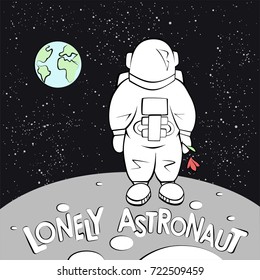 Lonely astronaut vector illustration. Vintage style cartoon of alone astronaut on the moon.