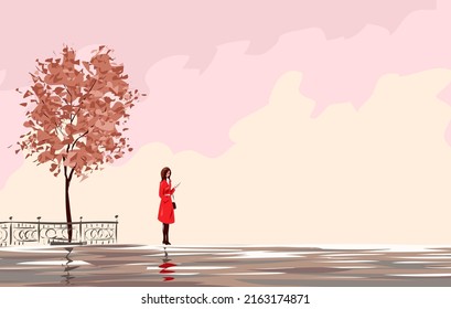 Lonely autumn tree and a alone girl in a red coat. City park and street. A young woman is standing with a smartphone. Sad and waiting. Vector art romantic illustration hand drawn in painting style