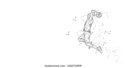 lonely basketball player on white background Abstract slam dunk movement low poly wireframe digital vector illustration slam dunk jump
