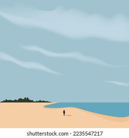 Playa solitaria con una persona en el medio. Un paisaje minimalista. Ilustración vectorial, diseño plano