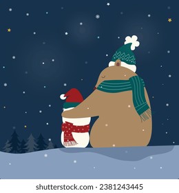 Lonely bear and snowman sitting under snowflakes and stars over dark blue sky background at night. Vector illustration for Christmas concept