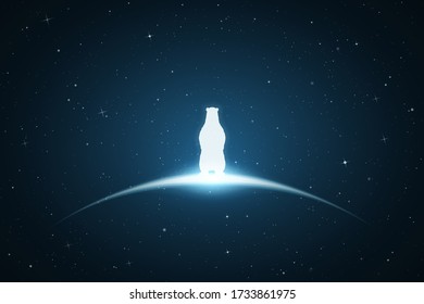 Lonely bear in space. Vector conceptual illustration with white silhouette of endangered animal and glowing outline. Surreal blue background for greeting cards, posters and other design