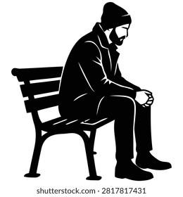 Lonely Bearded Man Sitting on a Park Bench Illustration, Sad Pensive Male Silhouette in Winter Coat