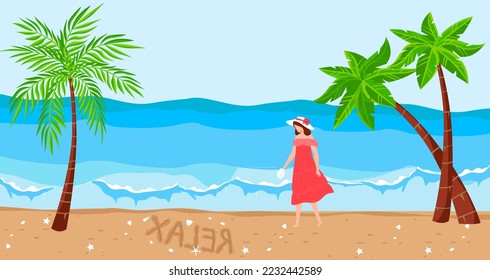 Lonely beautiful girl in a red dress walks along the sea or ocean young woman character walking at sand, holiday travel at summer paradise vector illustration