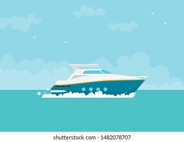 Lonely beautiful sailing yacht floats in the open ocean