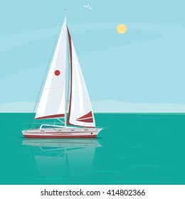 Lonely beautiful sailing yacht floats in the open ocean, the boat in the water reflection, excellent sunny weather - Weekend at sea or Solitude concept. Vector illustration