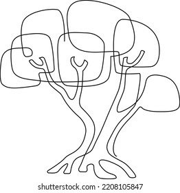 Lonely big tree. Tropical or savanna landscape. Continuous line drawing. Vector illustration.