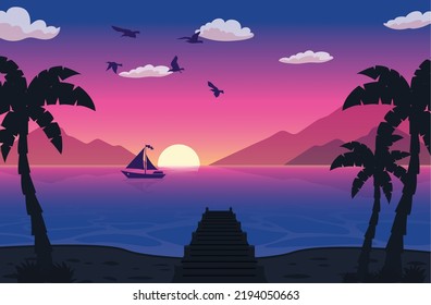 Lonely Boat - Modern Flat Landscape Illustration.