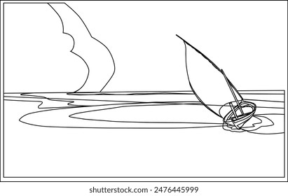 A lonely boat on a deserted island uncoloured, original design template.