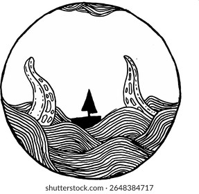 Lonely Boat and Tentacles in the Night Sea – Surreal Doodle Illustration - Black and White
