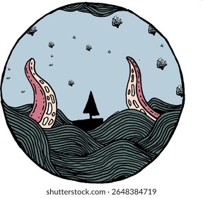 Lonely Boat and Tentacles in the Night Sea – Surreal Doodle Illustration