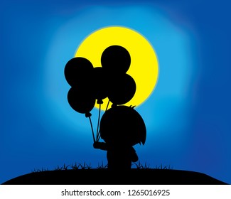 Lonely boy holding balloons under the moon in the night