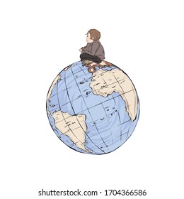 Lonely boy sits on planet earth. Young naturalist and environmentalist. The little Prince.