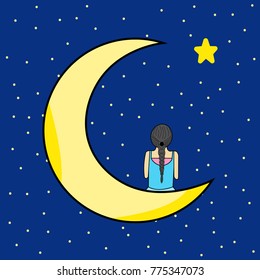 Lonely Braid Lady Sitting on Crescent Moon Looking Star in Wide Sky, Illustration