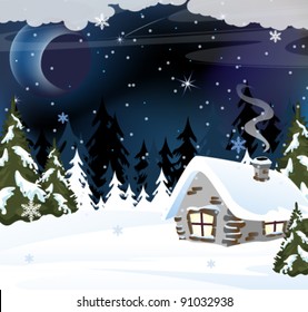 Lonely brick hut in snow-covered wood. Winter night landscape